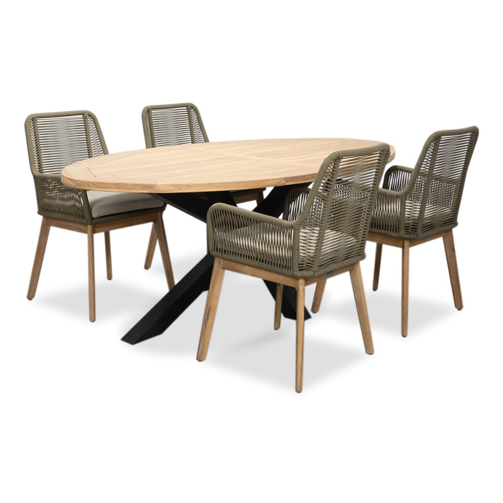 Cleve/Padua olijfgroen dining tuinset | 4 personen | teakhout + touw | 200cm ovaal