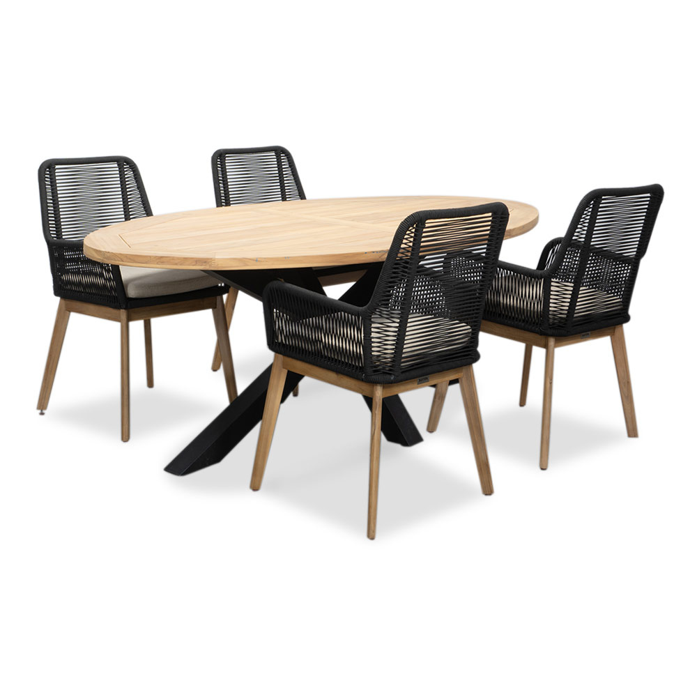 Cleve/Padua zwart dining tuinset | 4 personen | teakhout + touw | 200cm ovaal