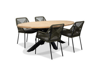 Cleve/Seville olijfgroen dining tuinset | 4 personen | teakhout + touw | 200cm ovaal