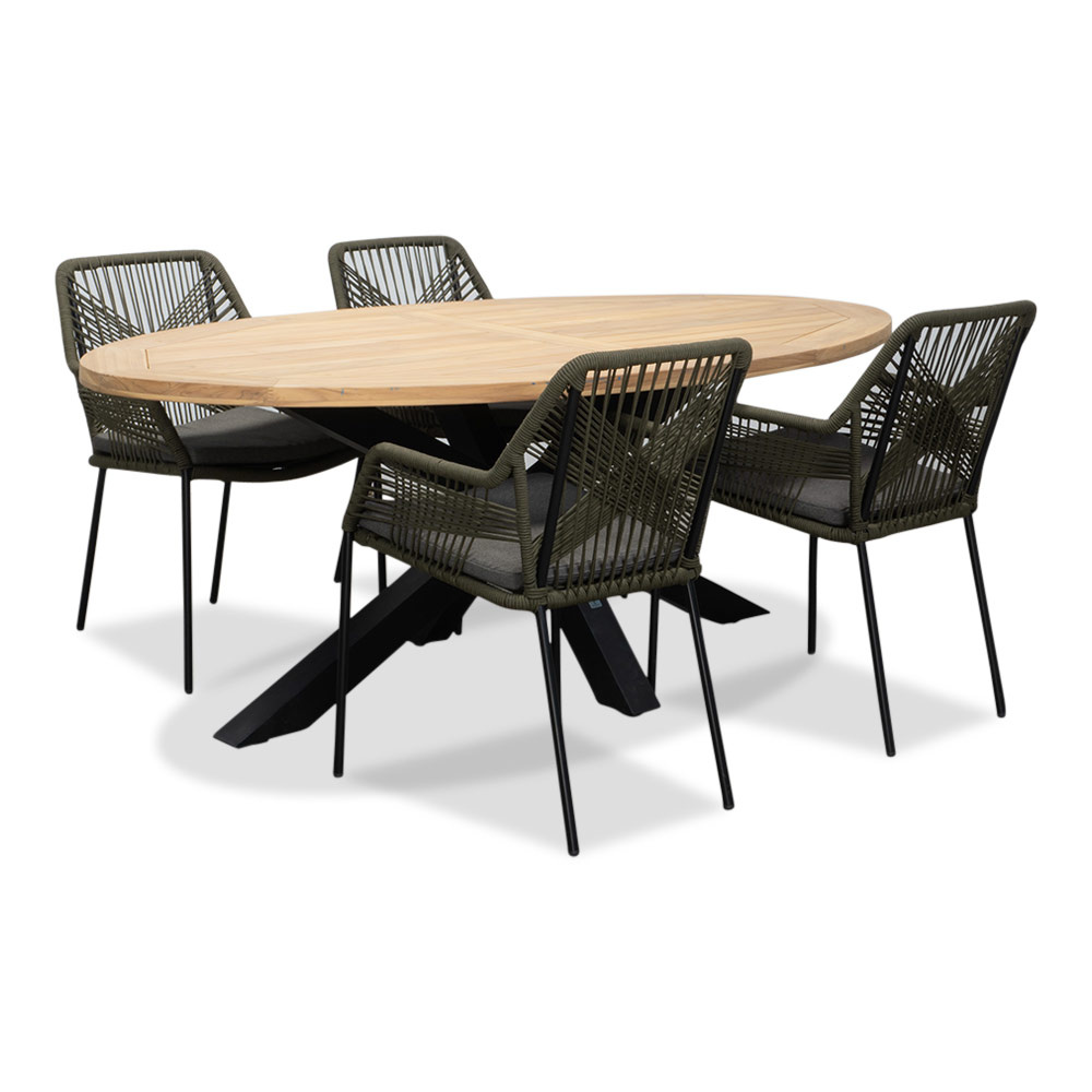 Cleve/Seville olijfgroen dining tuinset | 4 personen | teakhout + touw | 200cm ovaal