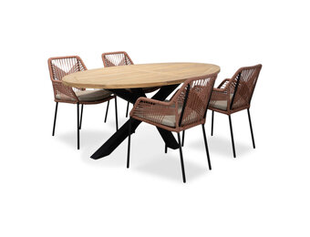 Cleve/Seville terra dining tuinset | 4 personen | teakhout + touw | 200cm ovaal
