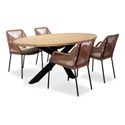 Cleve/Seville terra dining tuinset | 4 personen | teakhout + touw | 200cm ovaal