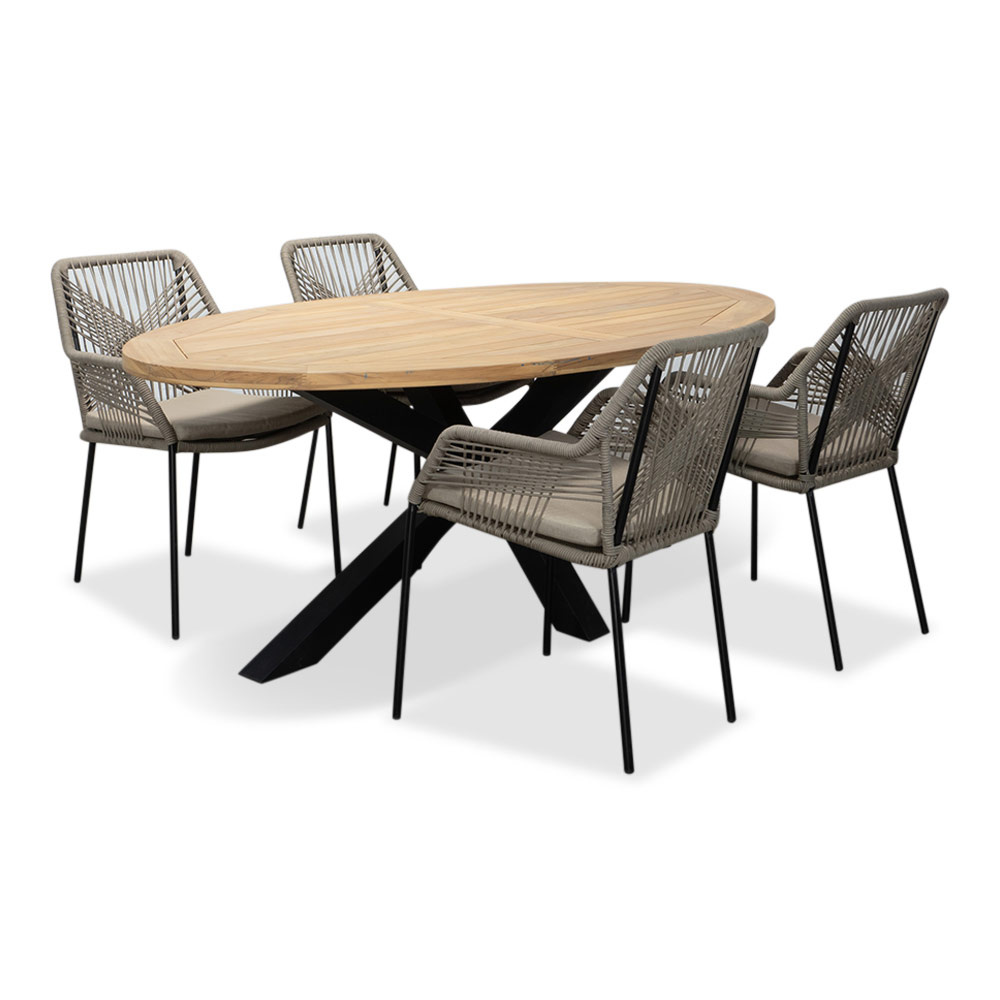 Cleve/Seville zand dining tuinset | 4 personen | teakhout + touw | 200cm ovaal