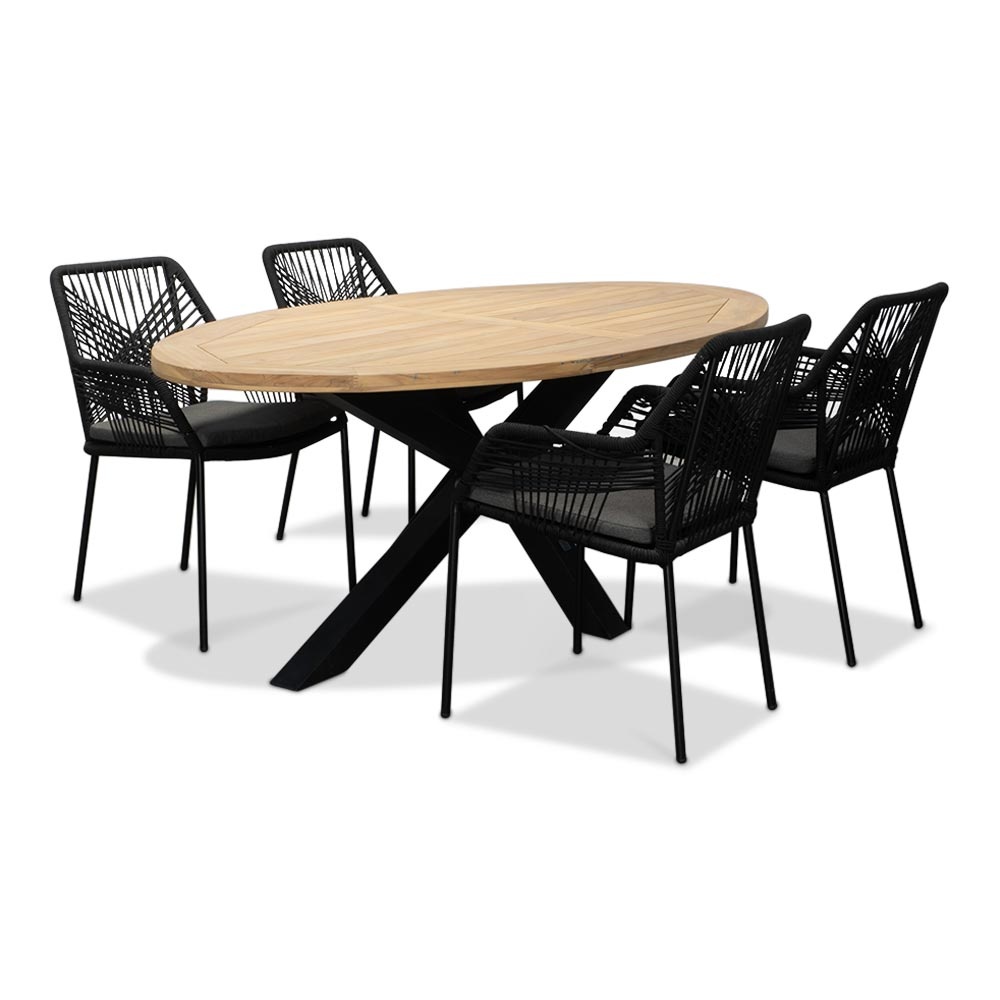 Cleve/Seville zwart dining tuinset | 4 personen | teakhout + touw | 200cm ovaal