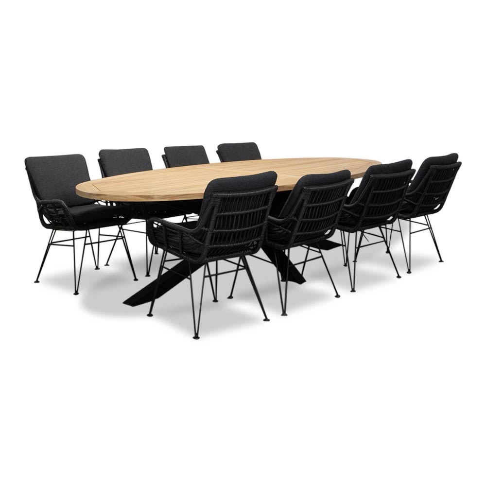 Cleve/Carlos Charcoal dining tuinset | 8 personen | teakhout + wicker | 280cm ovaal