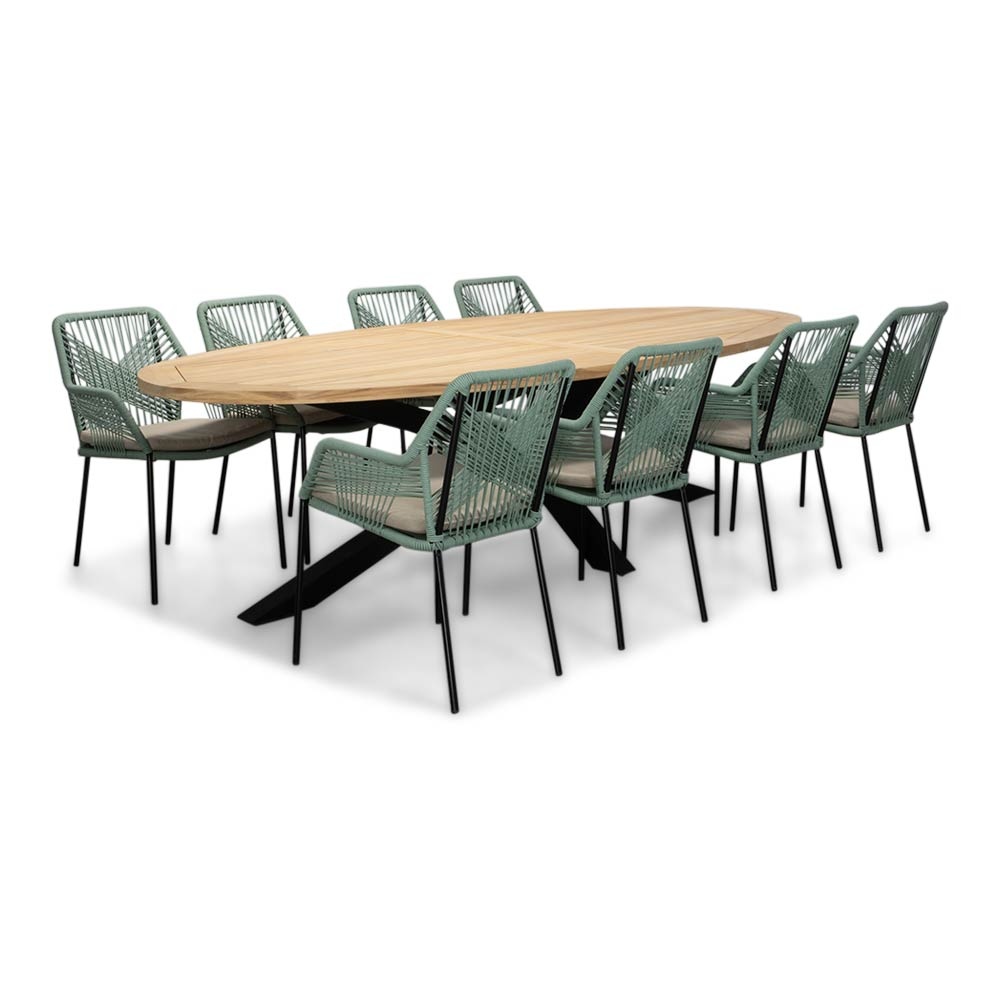 Cleve/Seville mint dining tuinset | 8 personen | teakhout + touw | 280cm ovaal