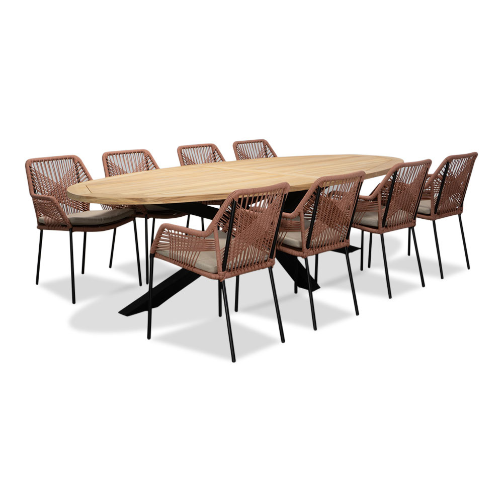 Cleve/Seville terra dining tuinset | 8 personen | teakhout + touw | 280cm ovaal