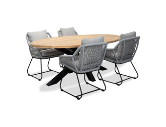 Cleve/Portofino grijs dining tuinset | 4 personen | teakhout + touw | 200cm ovaal
