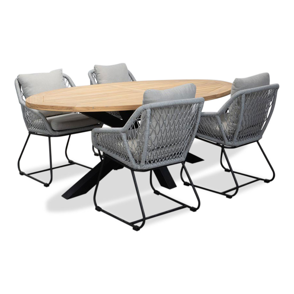 Cleve/Portofino grijs dining tuinset | 4 personen | teakhout + touw | 200cm ovaal
