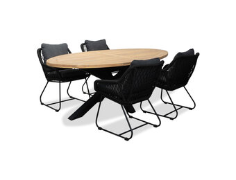 Cleve/Portofino zwart dining tuinset | 4 personen | teakhout + touw | 200cm ovaal