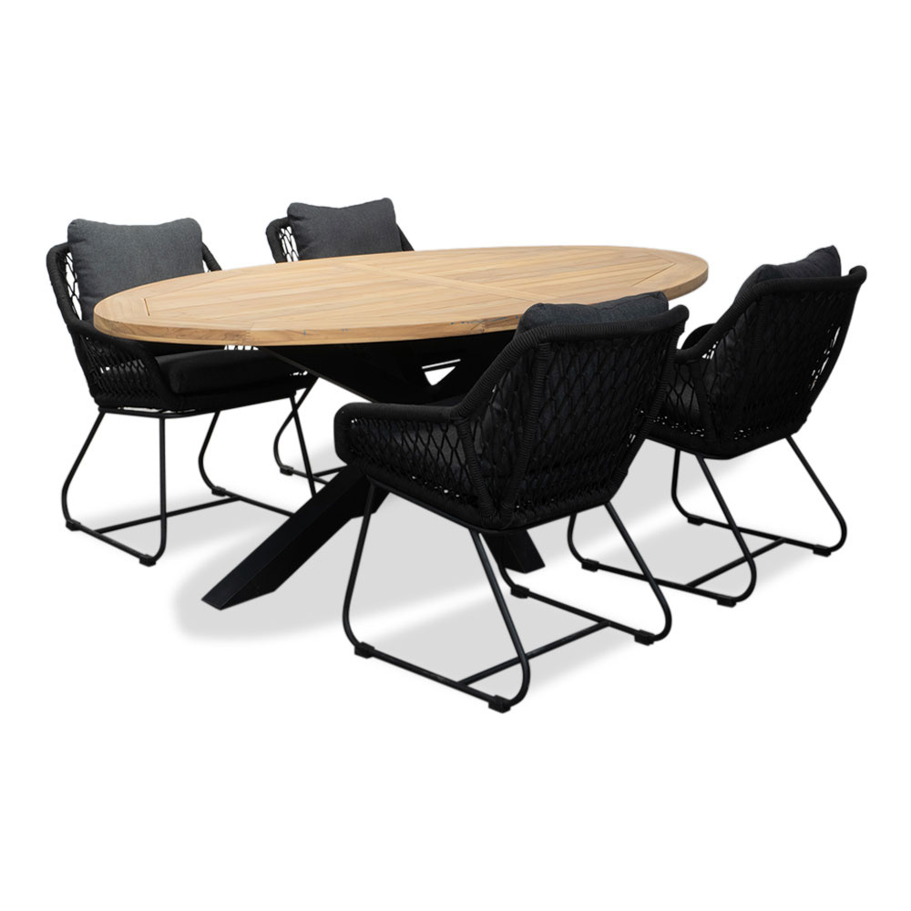 Cleve/Portofino zwart dining tuinset | 4 personen | teakhout + touw | 200cm ovaal afbeelding