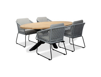 Cleve/Tulum grijs dining tuinset | 4 personen | teakhout + touw | 200cm ovaal