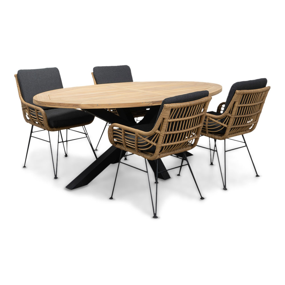 Cleve/Carlos antraciet dining tuinset | 4 personen | teakhout + wicker | 200cm ovaal