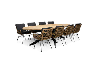 Cleve/Carlos antraciet dining tuinset | 8 personen | teakhout + wicker | 280cm ovaal
