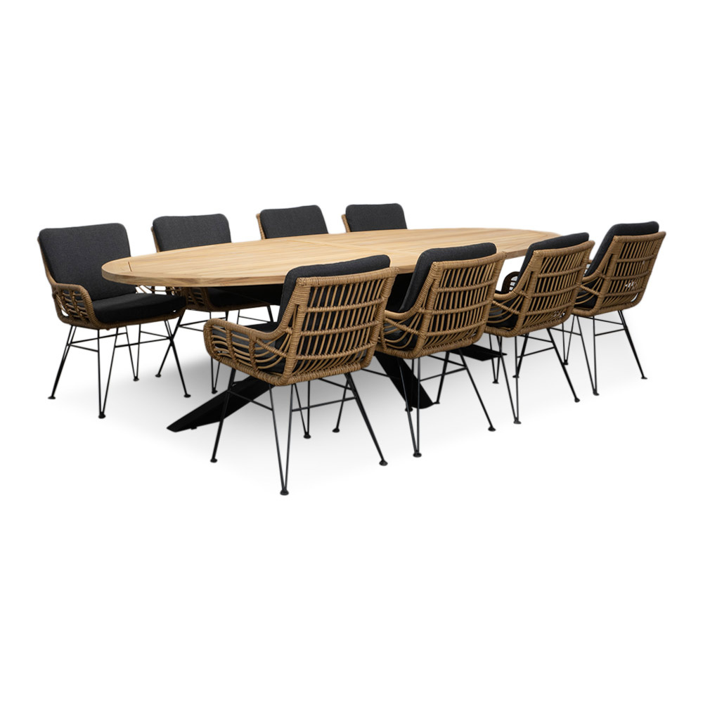 Cleve/Carlos antraciet dining tuinset | 8 personen | teakhout + wicker | 280cm ovaal