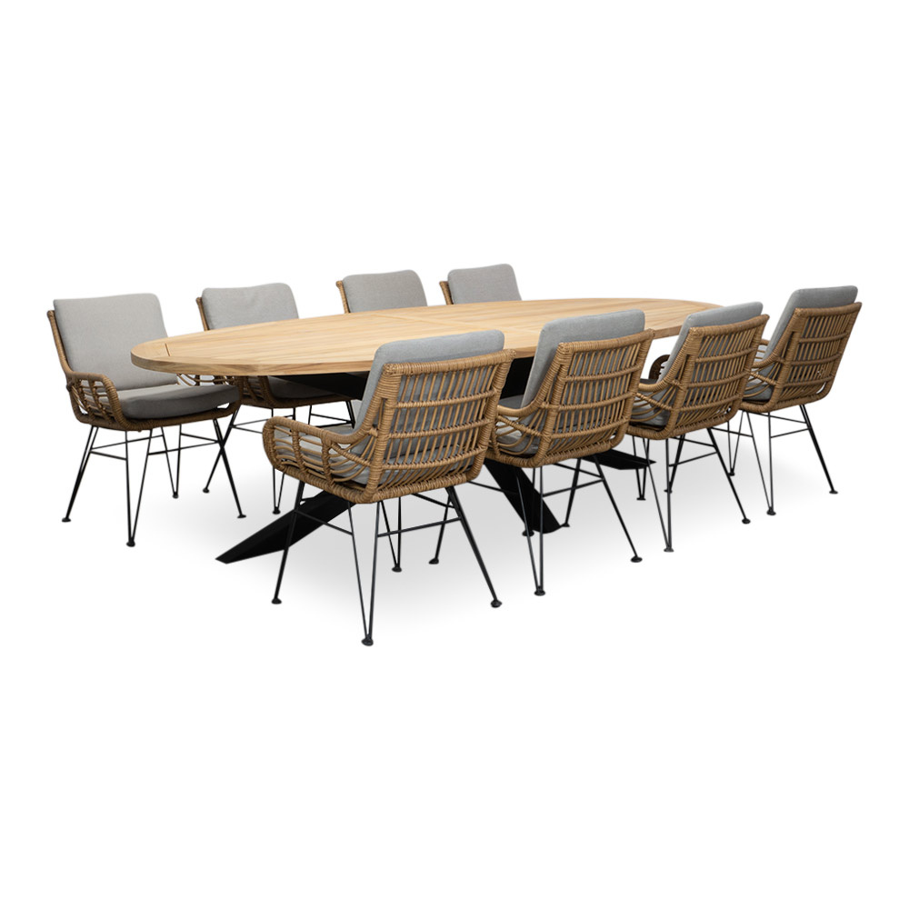 Cleve/Carlos taupe dining tuinset | 8 personen | teakhout + wicker | 280cm ovaal