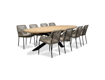Cleve/Seville zand dining tuinset | 8 personen | teakhout + touw | 280cm ovaal