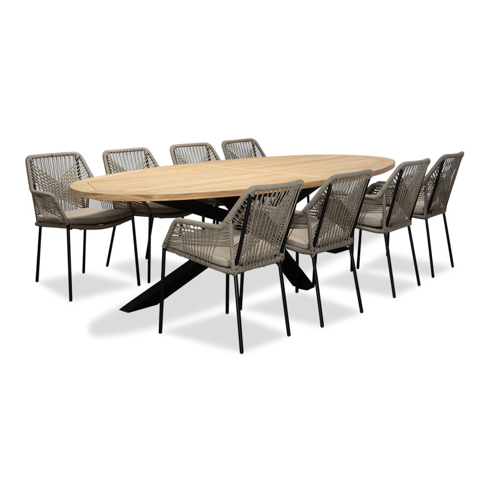 Cleve/Seville zand dining tuinset | 8 personen | teakhout + touw | 280cm ovaal