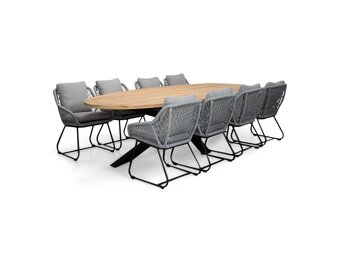 Cleve/Portofino grijs dining tuinset | 8 personen | teakhout + touw | 280cm ovaal