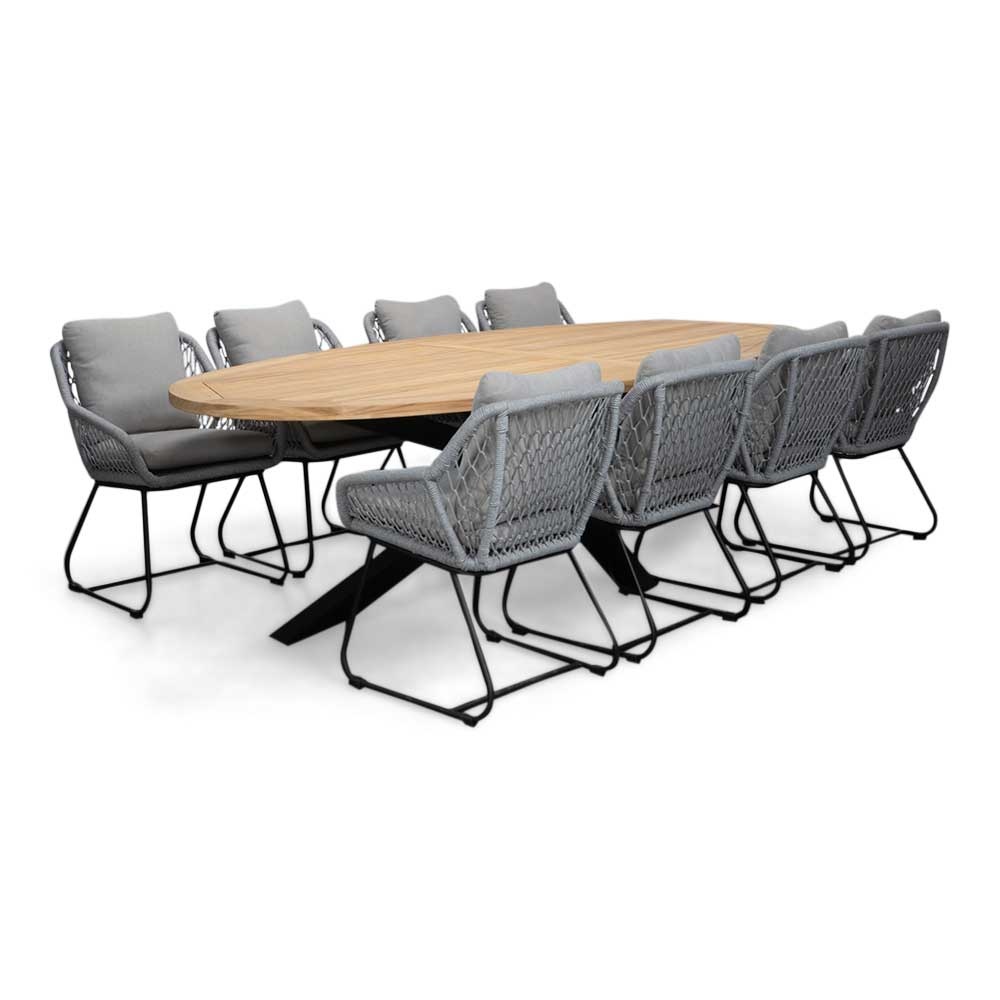 Cleve/Portofino grijs dining tuinset | 8 personen | teakhout + touw | 280cm ovaal