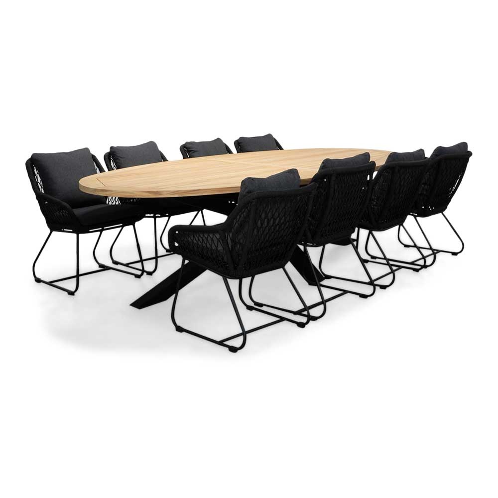 Cleve/Portofino zwart dining tuinset | 8 personen | teakhout + touw | 280cm ovaal