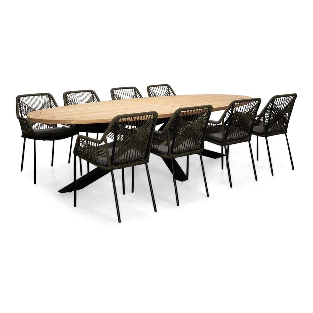Cleve/Seville olijfgroen dining tuinset | 8 personen | teakhout + touw | 280cm ovaal
