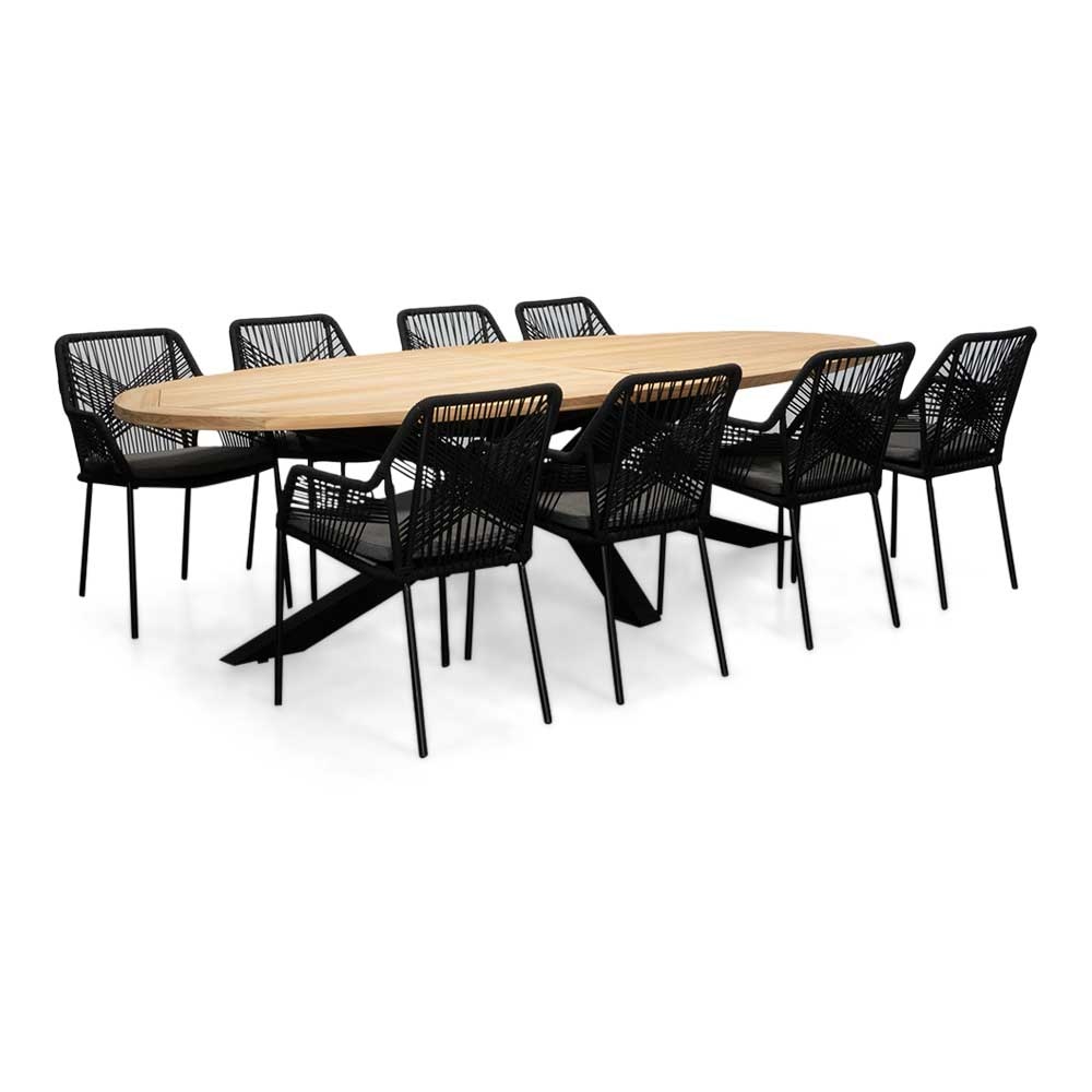 Cleve/Seville zwart dining tuinset | 8 personen | teakhout + touw | 280cm ovaal afbeelding
