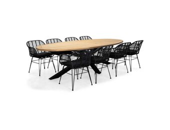 Cleve/Napels dining tuinset | 8 personen | teakhout + wicker | 280cm ovaal