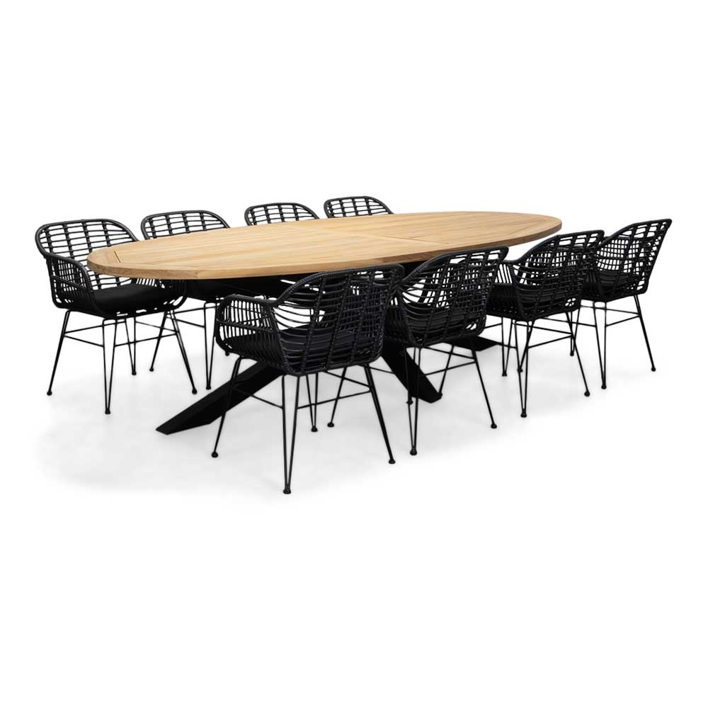 Cleve/Napels dining tuinset | 8 personen | teakhout + wicker | 280cm ovaal