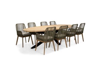 Cleve/Padua olijfgroen dining tuinset | 8 personen | teakhout + touw | 280cm ovaal