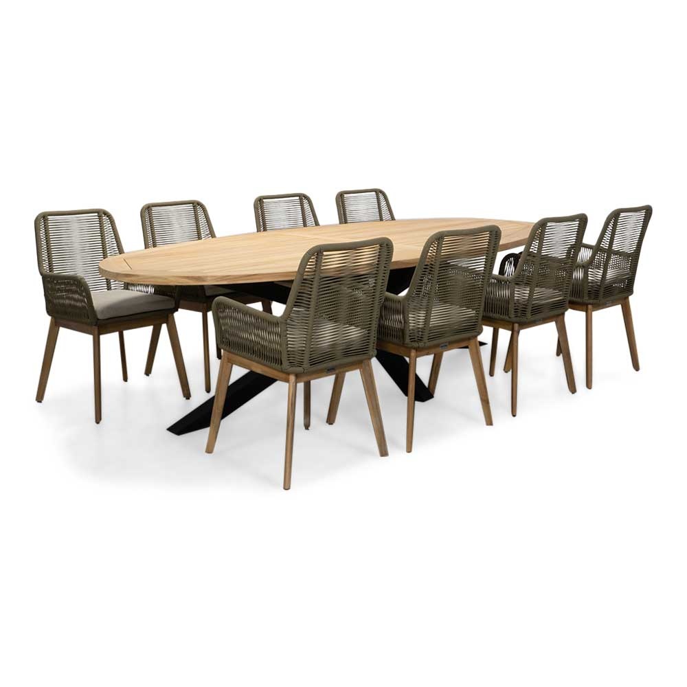 Cleve/Padua olijfgroen dining tuinset | 8 personen | teakhout + touw | 280cm ovaal