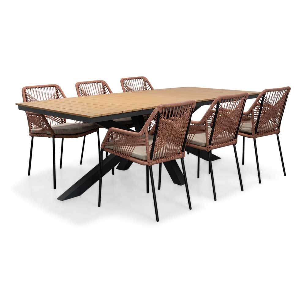 Durban/Seville terra dining tuinset | 6 personen | polywood + touw | 218cm afbeelding