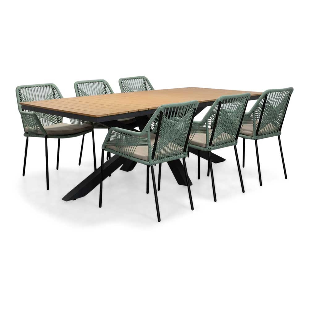 Durban/Seville mint dining tuinset | 6 personen | polywood + touw | 218cm afbeelding