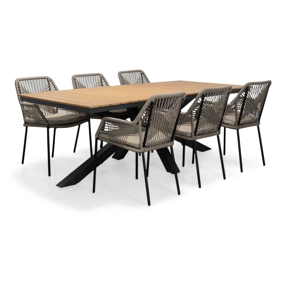 Durban/Seville zand dining tuinset | 6 personen | polywood + touw | 218cm