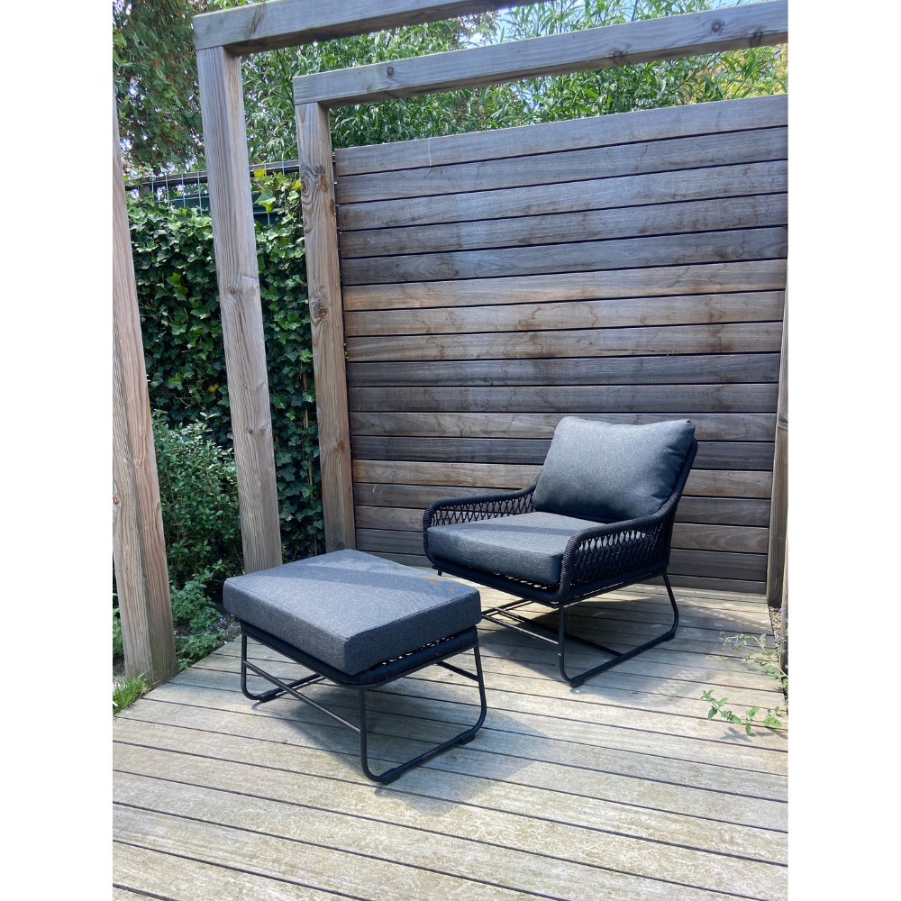Portofino loungestoel tuin met voetenbank | touw + RVS | zwart