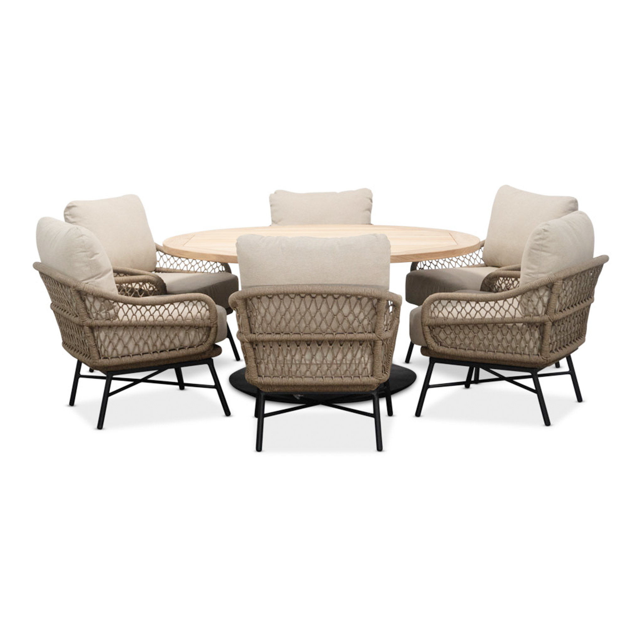 Ventura low dining tuinset | 6 personen | teakhout + touw | 150cm rond