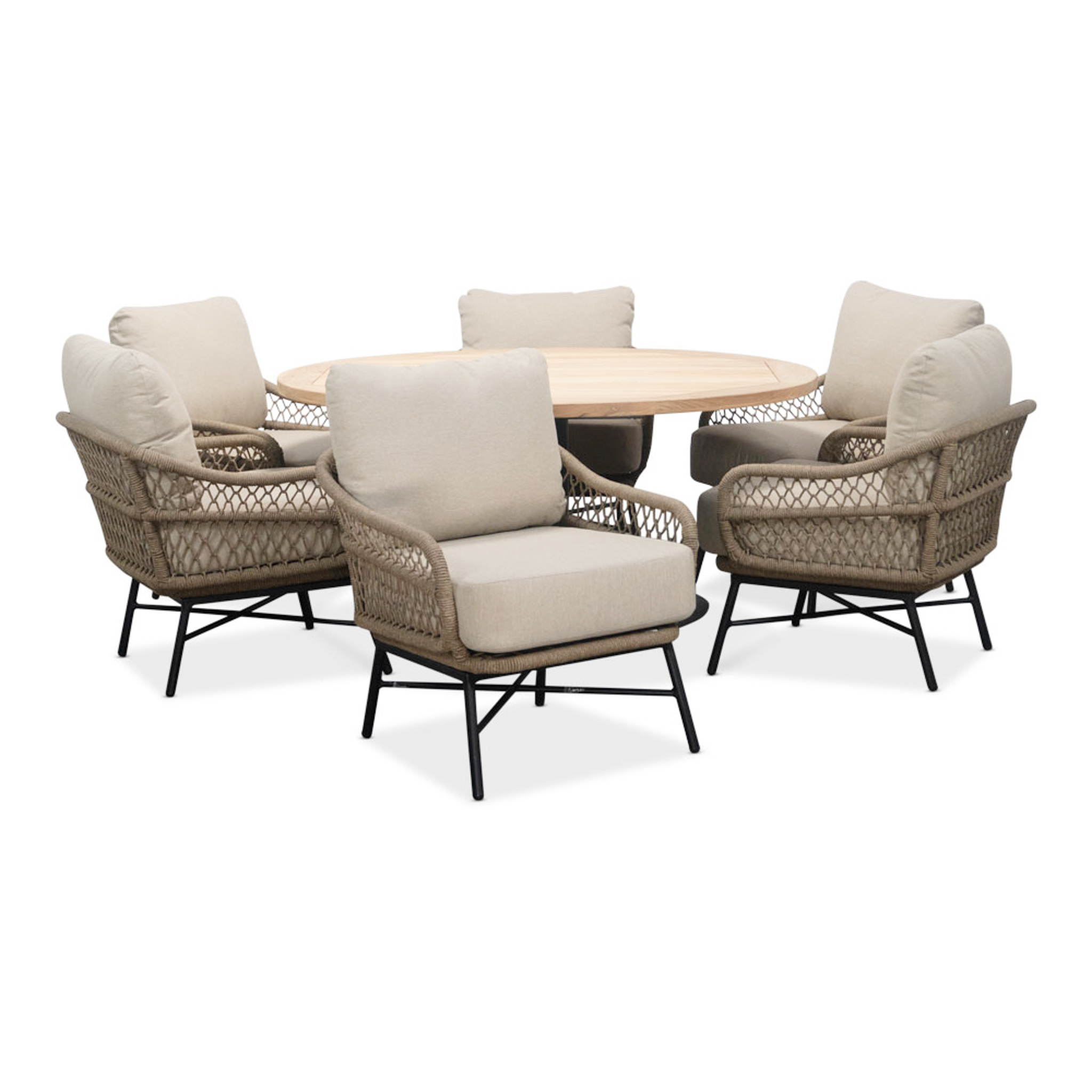 Ventura low dining tuinset | 6 personen | teakhout + touw | 150cm rond