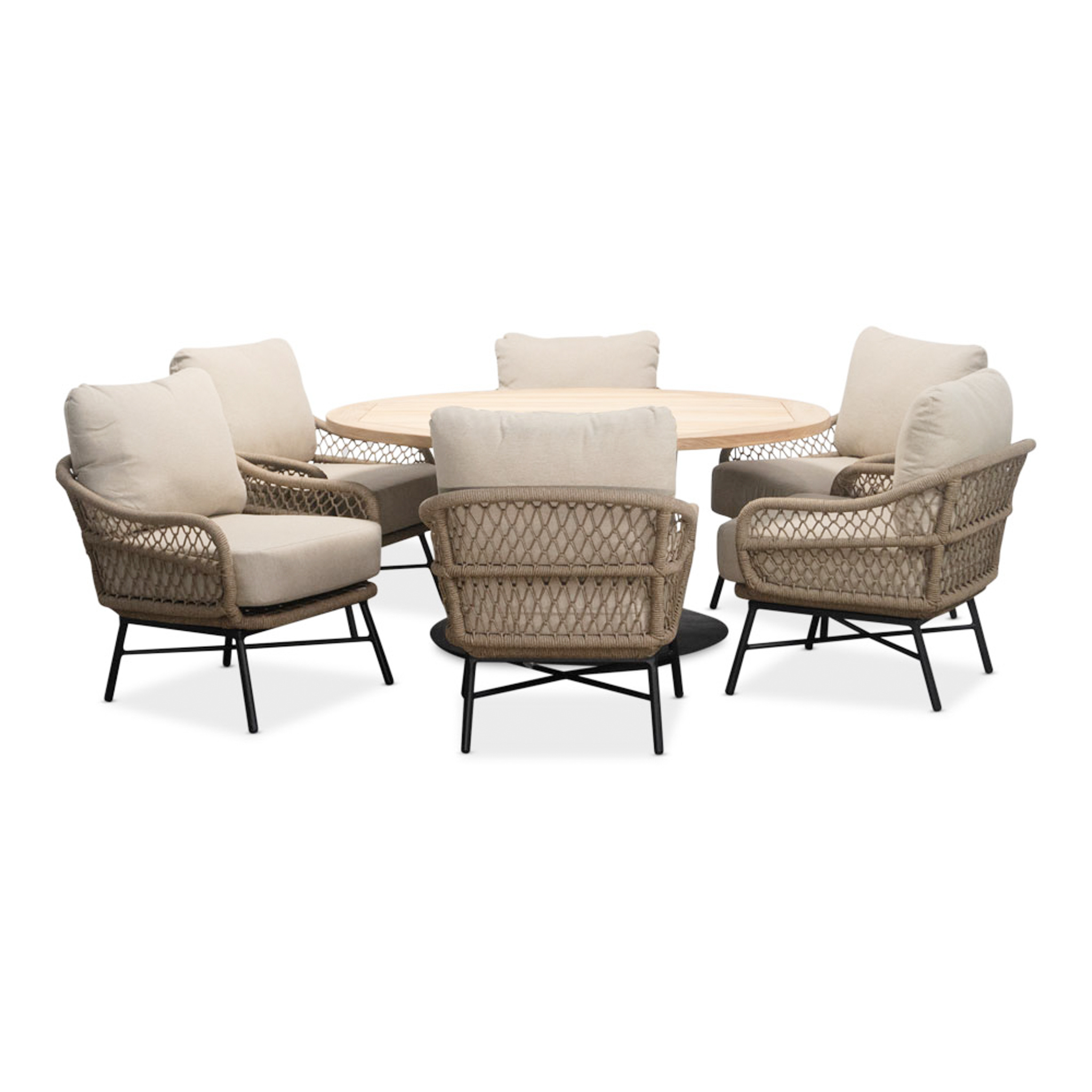 Ventura low dining tuinset | 6 personen | teakhout + touw | 150cm rond