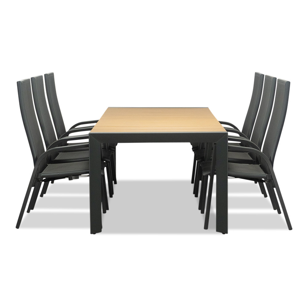 Cortona Natural/Mojito Negro dining tuinset | 6 personen | polywood + textileen | 220cm