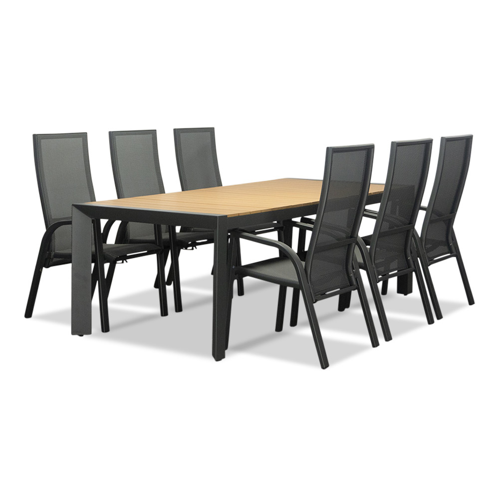 Cortona Natural/Mojito Negro dining tuinset | 6 personen | polywood + textileen | 220cm