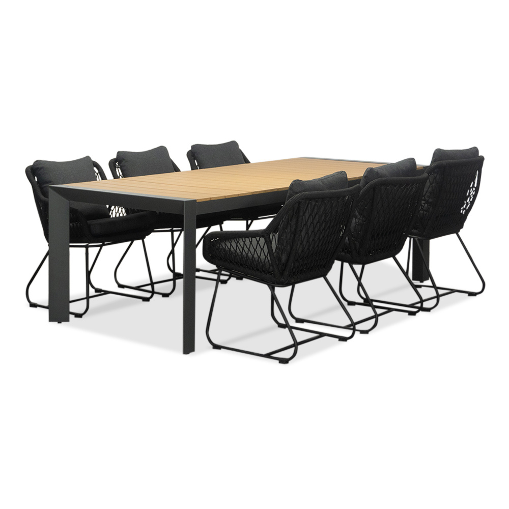 Cortona/Portofino zwart dining tuinset | 6 personen | polywood + touw | 220cm
