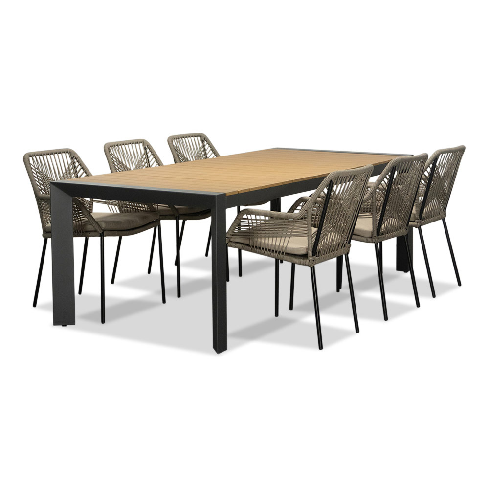 Cortona/Seville zand dining tuinset | 6 personen | polywood + touw | 220cm