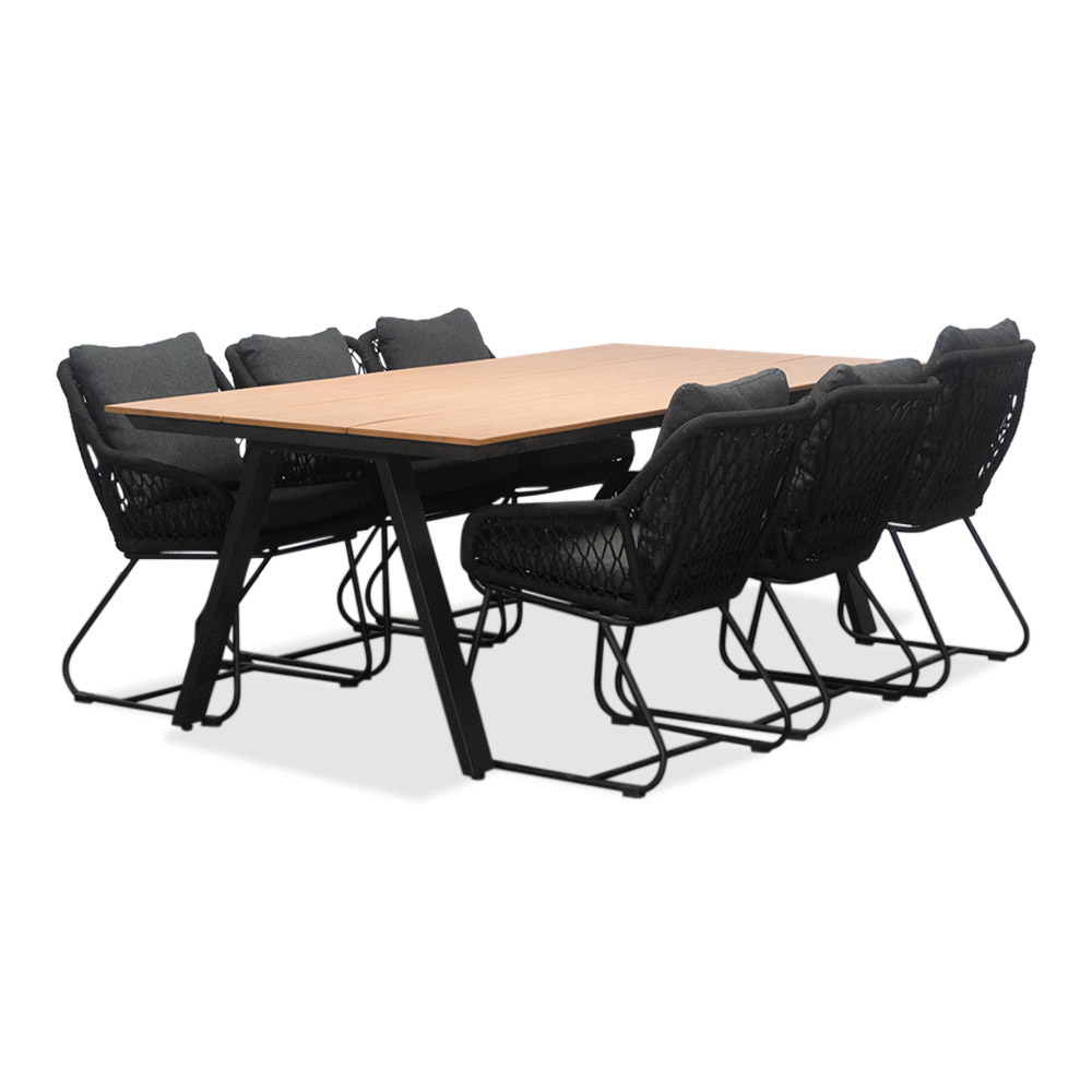 Oslo Natural/Portofino zwart dining tuinset | 6 personen | polywood + touw | 220cm afbeelding