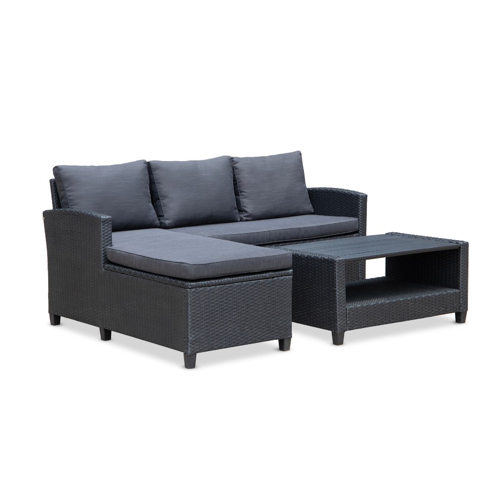 Stockholm chaise longue balkon loungeset 3 personen | wicker | zwart | 3-delig - 185cm afbeelding