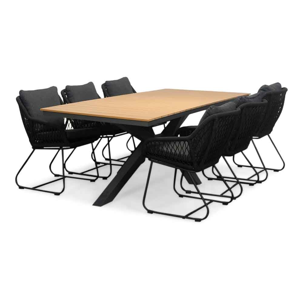 Durban/Portofino zwart dining tuinset | 6 personen | polywood + touw | 218cm afbeelding