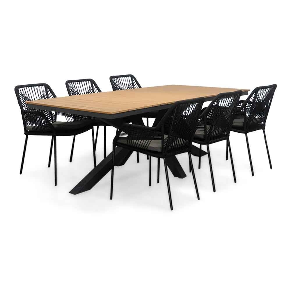 Durban/Seville zwart dining tuinset | 6 personen | polywood + touw | 218cm