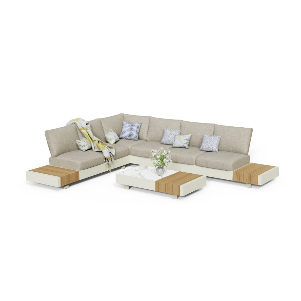 Verona hoek loungeset met all weather kussens 6 personen | aluminium + teakhout | beige | 4-delig - 345x275cm