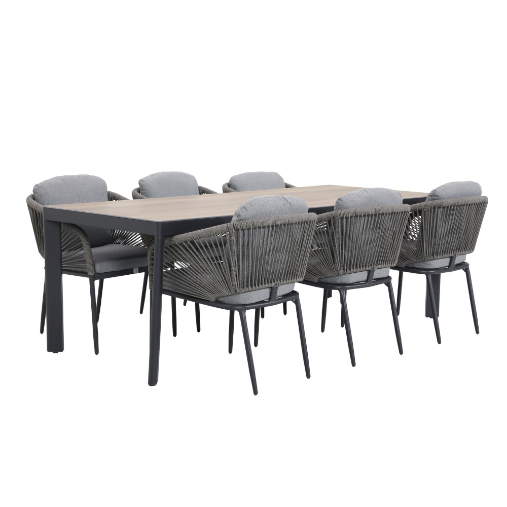 Royan/Savanna dining tuinset | 6 personen | aluminium + touw | 220cm
