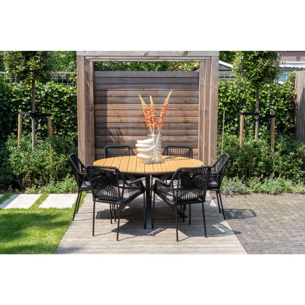 Seville dining tuinstoel set van 6 | touw + staal | zwart