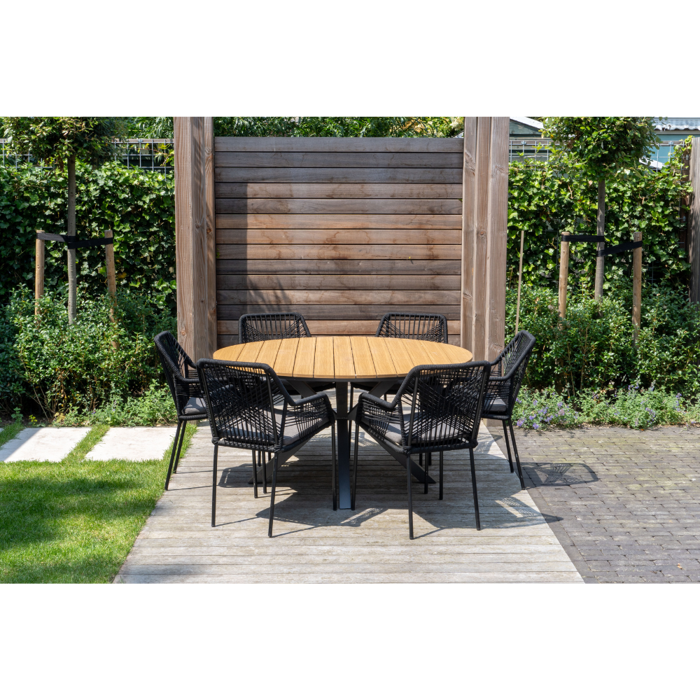Seville dining tuinstoel set van 6 | touw + staal | zwart